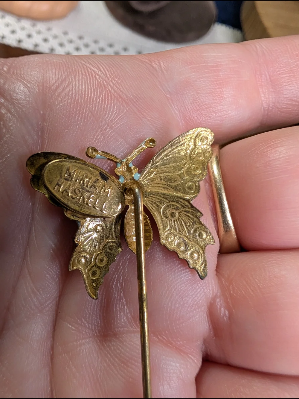 Vintage Miriam Haskell Gold Butterfly Stick Pin Mint Green Enamel